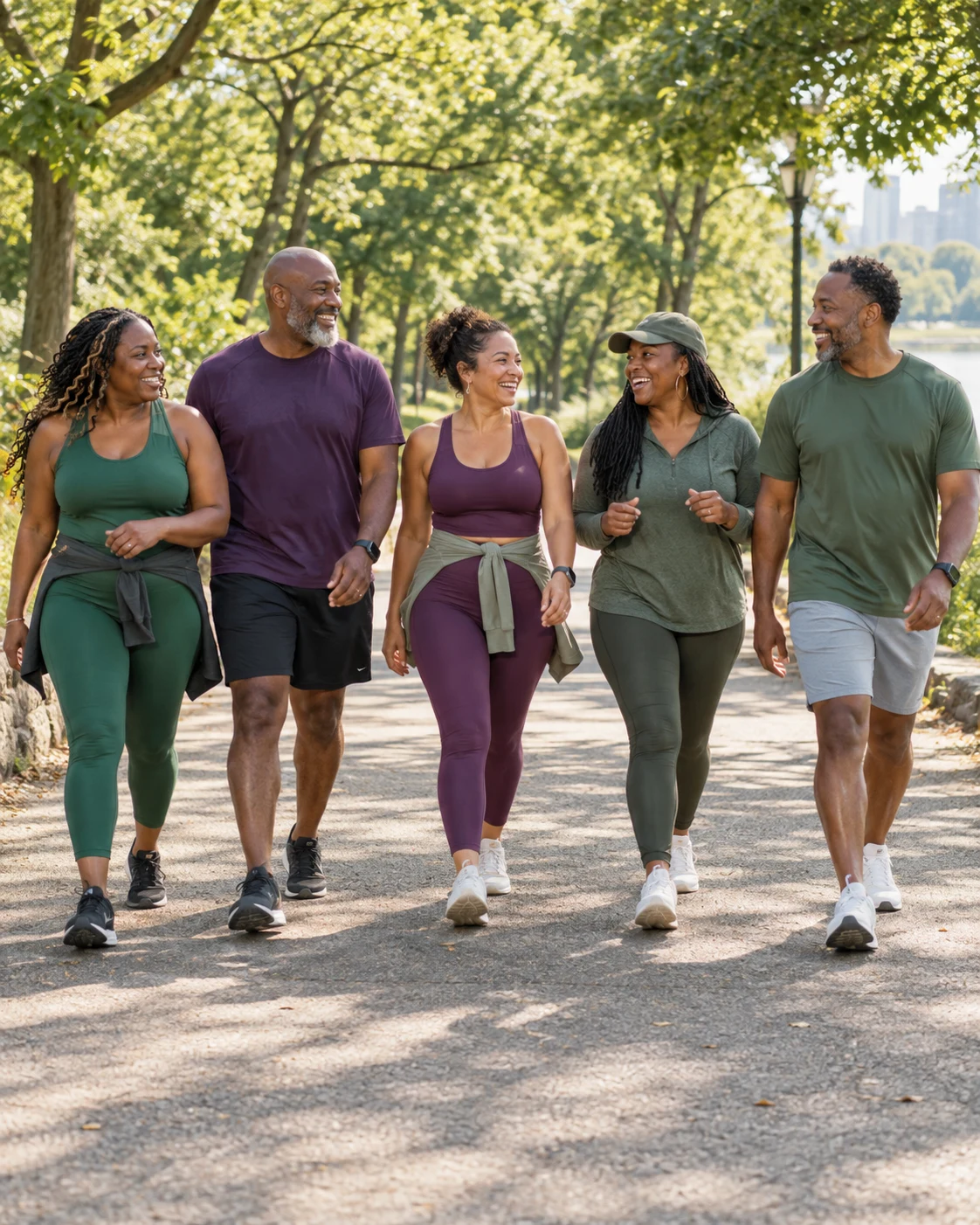 A group of five friends walking together on a leafy park path